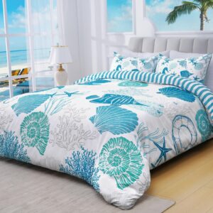 aspmiz 3 piece ocean duvet cover queen size set, double side reversible soft sea coastal queen duvet cover with zipper closure, blue comforter cover set, 1 duvet cover 90 x 90 inches & 2 pillow shams