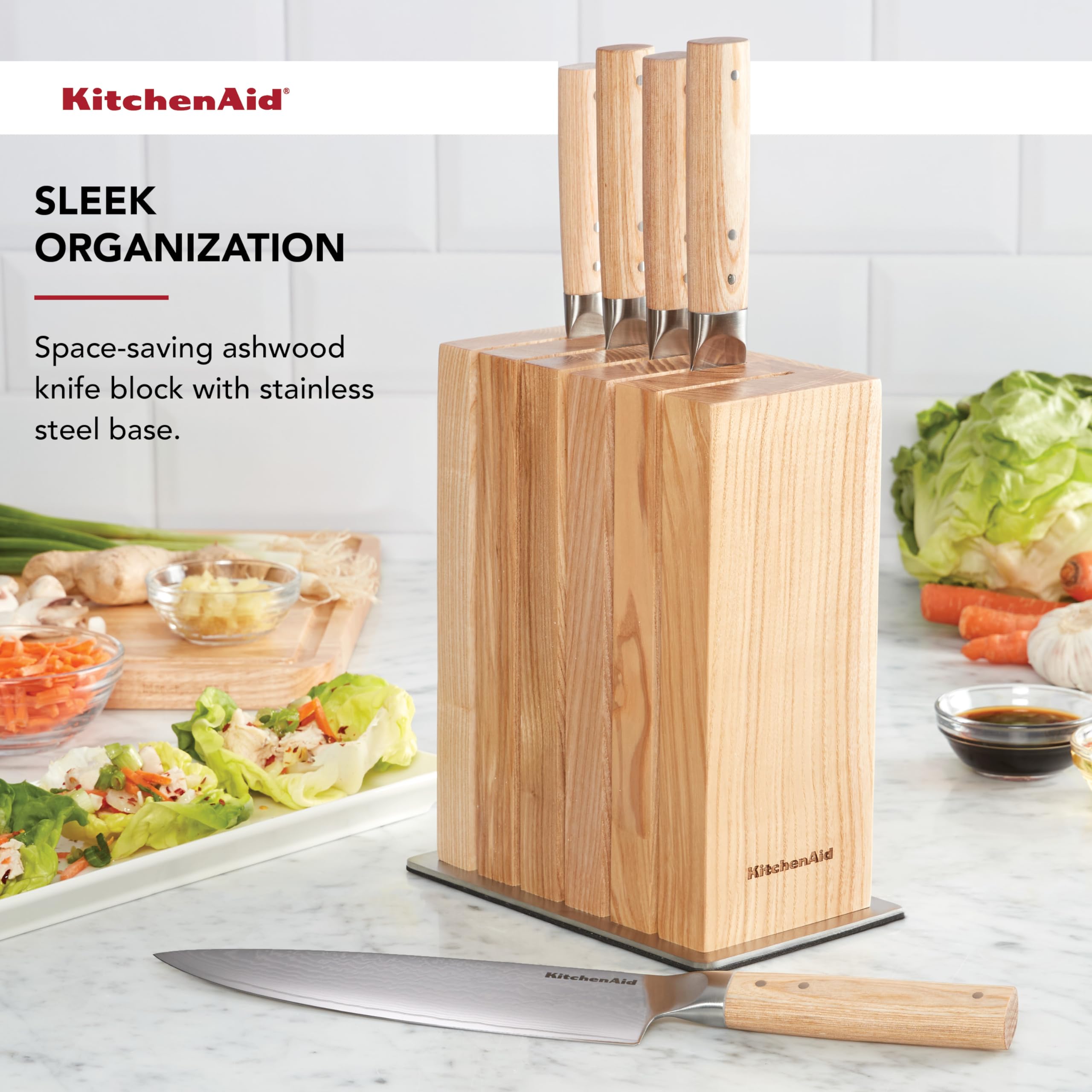 KitchenAid 6-Piece Ashwood Knife Block Set | Premium Damascus Steel Blades | Pakkawood Handles | Space-Saving Design | Includes Chef, Santoku, Slicing, Utility & Paring Knives | Kitchen Knife Set