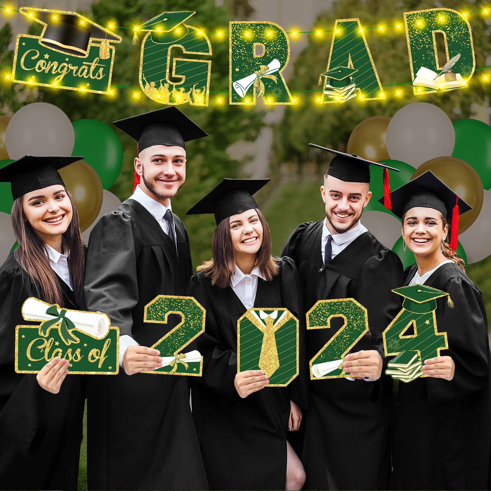 Graduation Party Decorations Green Gold Grad 2024 Porch Sign Door Banner with LED Light Class of 2024 Congrats Grad Banner Congratulation Party Hanging Sign for High School Graduation Party Decor