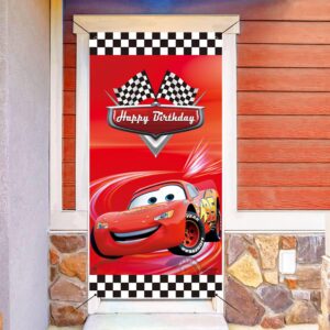 Generic 36x72inch Racing Car Cartoon Birthday Banner Cars Story Race Party Door Cover Black White Grid Flag Children Boys Happy Birthday Decoration Supplies, red