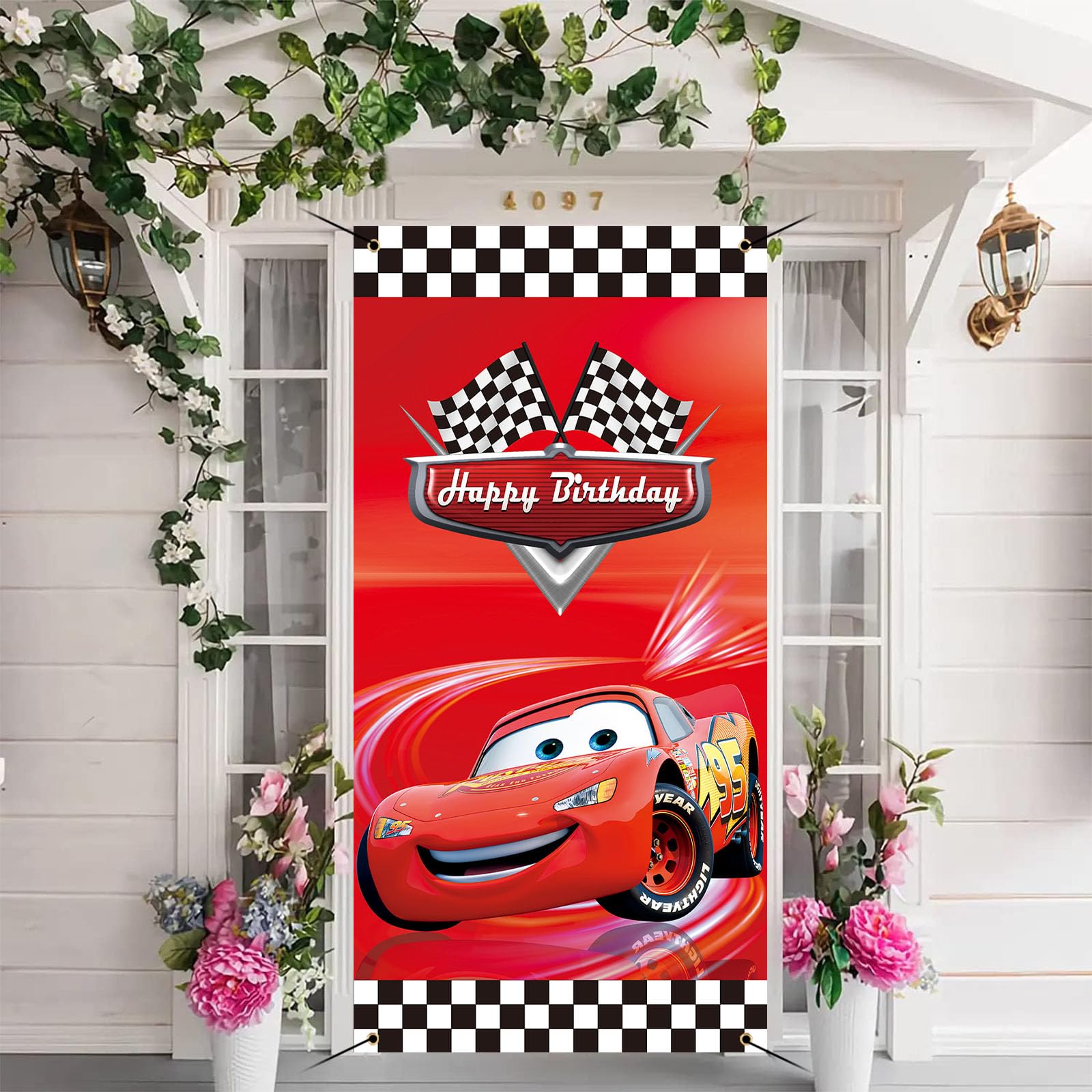 Generic 36x72inch Racing Car Cartoon Birthday Banner Cars Story Race Party Door Cover Black White Grid Flag Children Boys Happy Birthday Decoration Supplies, red