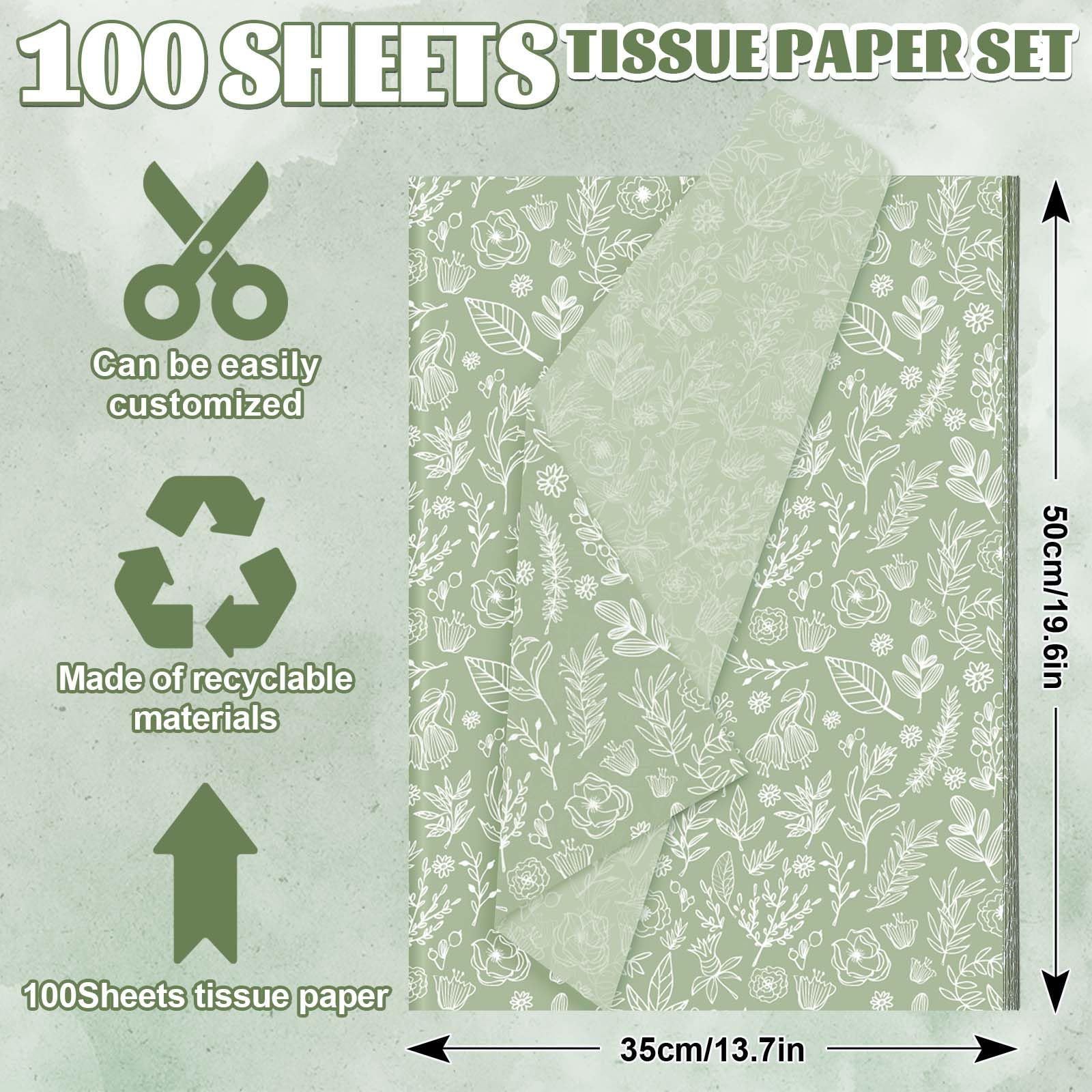 AnyDesign 100 Sheets Sage Green Wildflower Tissue Paper Green White Floral Gift Wrapping Paper Bulk Botanical Greenery Flower DIY Art Craft Paper for Packaging Wedding Birthday Baby Shower Bouquet