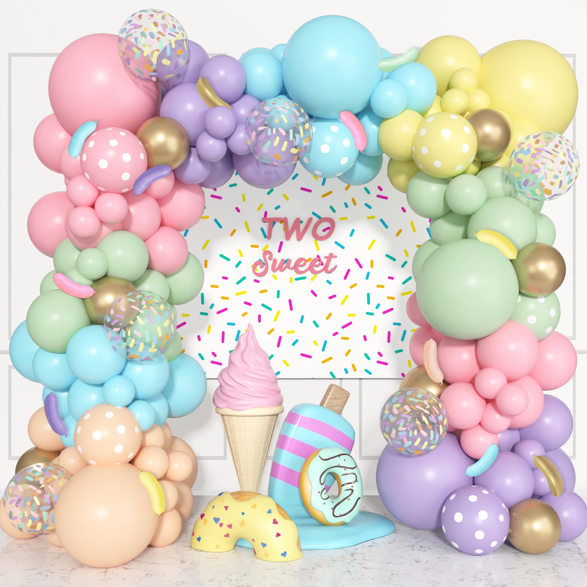 Pastel Donut Balloon Arch Garland Kit, 162pcs Donut Two Sweet One Birthday Party Supplies Girl Pastel Sprinkle Confetti Candy Ice Cream Foil Balloons for First Birthday Party Baby Shower Decorations