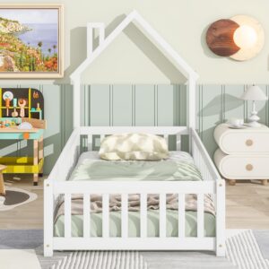 deinppa twin kids bed, wooden floor bed with house shaped headboard, house bed frame with door design for toddler children boys girls-white