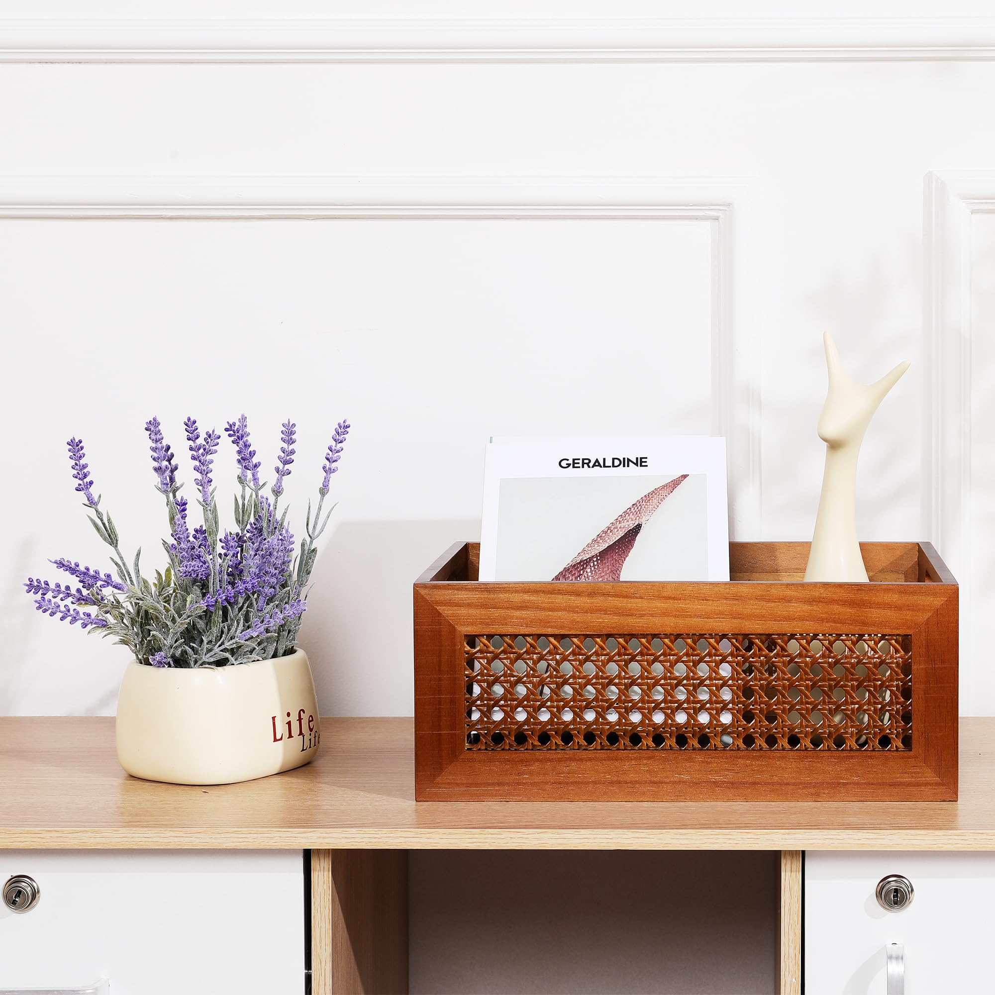 LaMorée Wooden Storage Basket Set of 4 Handmade Rattan Drawer Storage Box with Frame & Handles Decorative Natural Bamboo Woven Bins Rustic Farmhouse Decor Home Office Tabletop Shelf Organizer