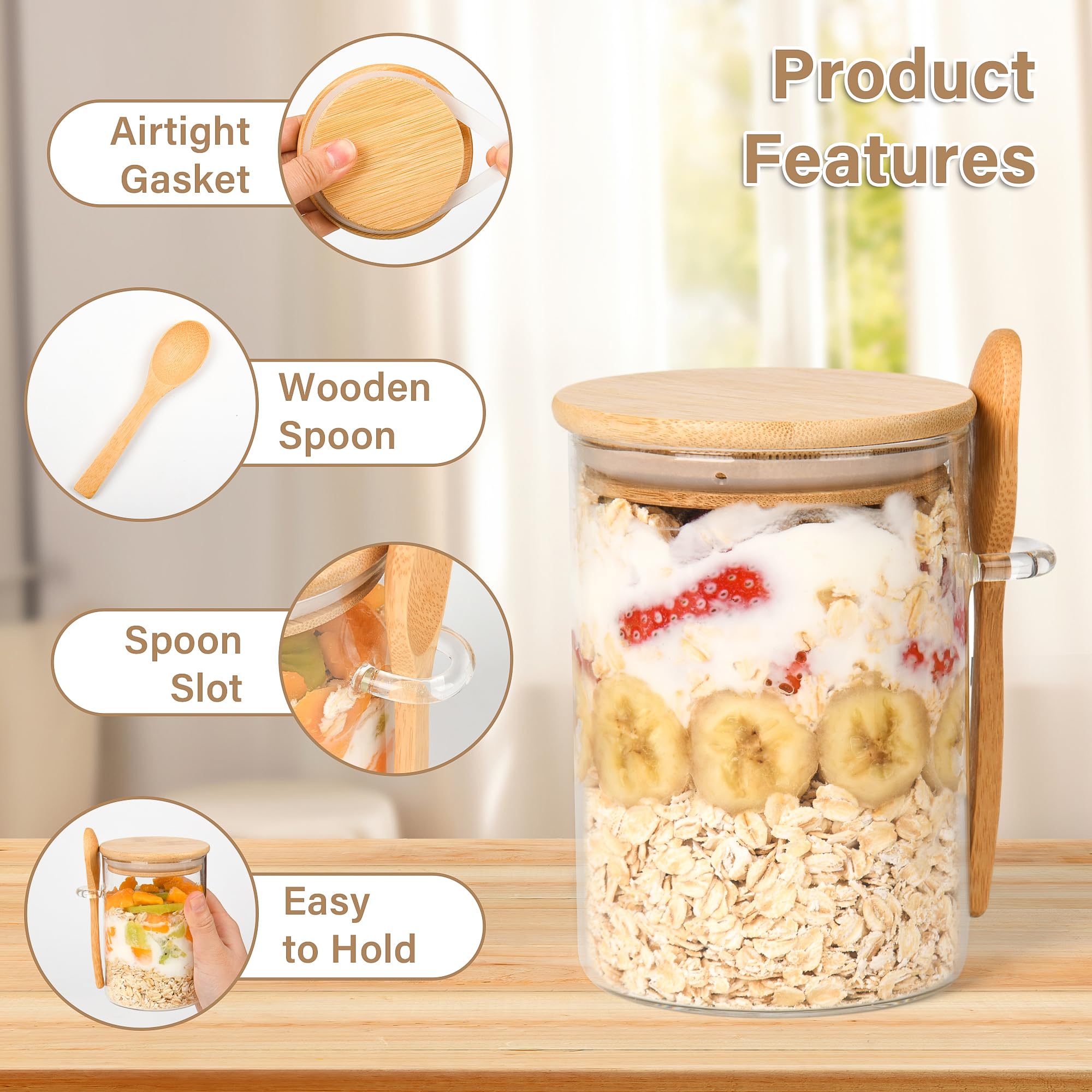 Overnight Oats Containers with Lids,4 Pack 18oz Overnight Oats Jars with Spoons,Salad Meal Prep Jar with Bamboo Lids for Chia Seed Pudding Salad Cereal Coffee Flour,Sourdough Starter Jar for Bread