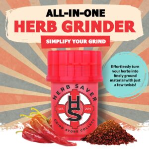 Large HerbSaver Grinder- Medical Grade Plastic Grinder with Razor Sharp Teeth, Pocket-Sized, Durable & Portable - Ideal for Grinding Herbs and Spices (Red)