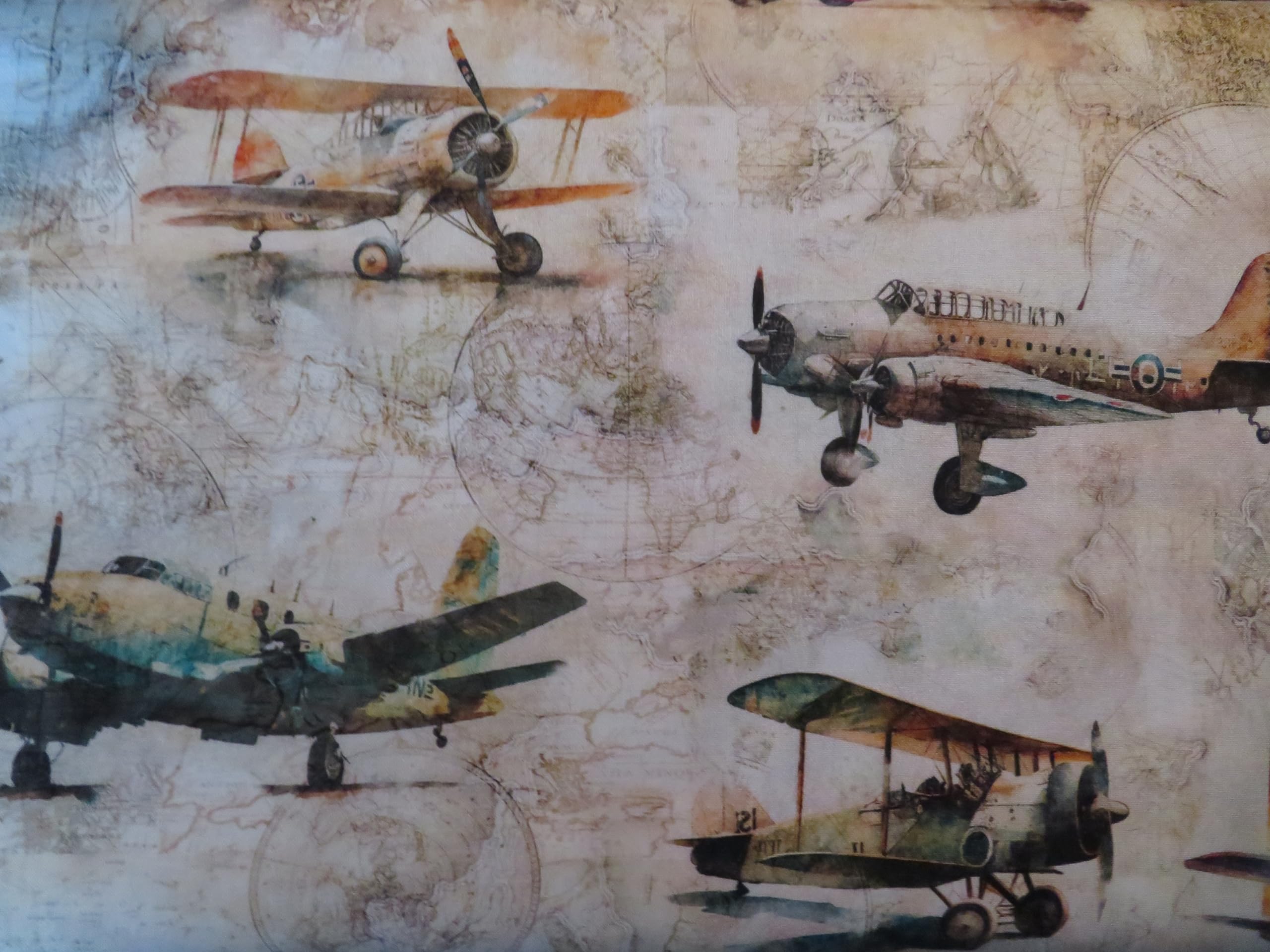 Vintage World War II Airplanes Flying High Cotton Fabric Sold by The Yard QT