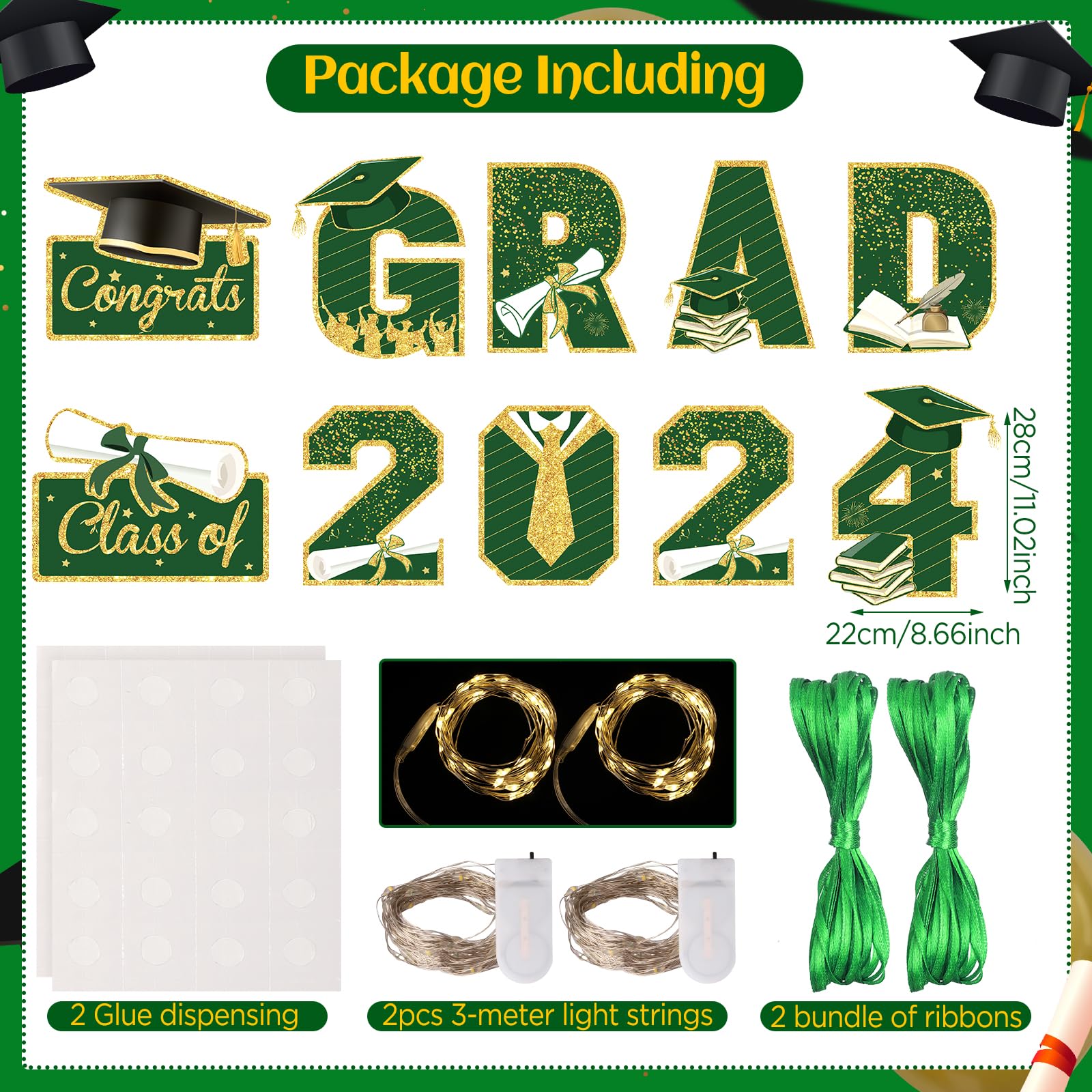 Graduation Party Decorations Green Gold Grad 2024 Porch Sign Door Banner with LED Light Class of 2024 Congrats Grad Banner Congratulation Party Hanging Sign for High School Graduation Party Decor