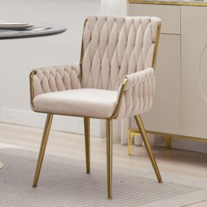 abet velvet desk chair 1pc, modern woven armchair with gold metal legs & armrest, comfy upholstered vanity makeup chair for teen girls & women, cute office chair for bedroom, living room,beige