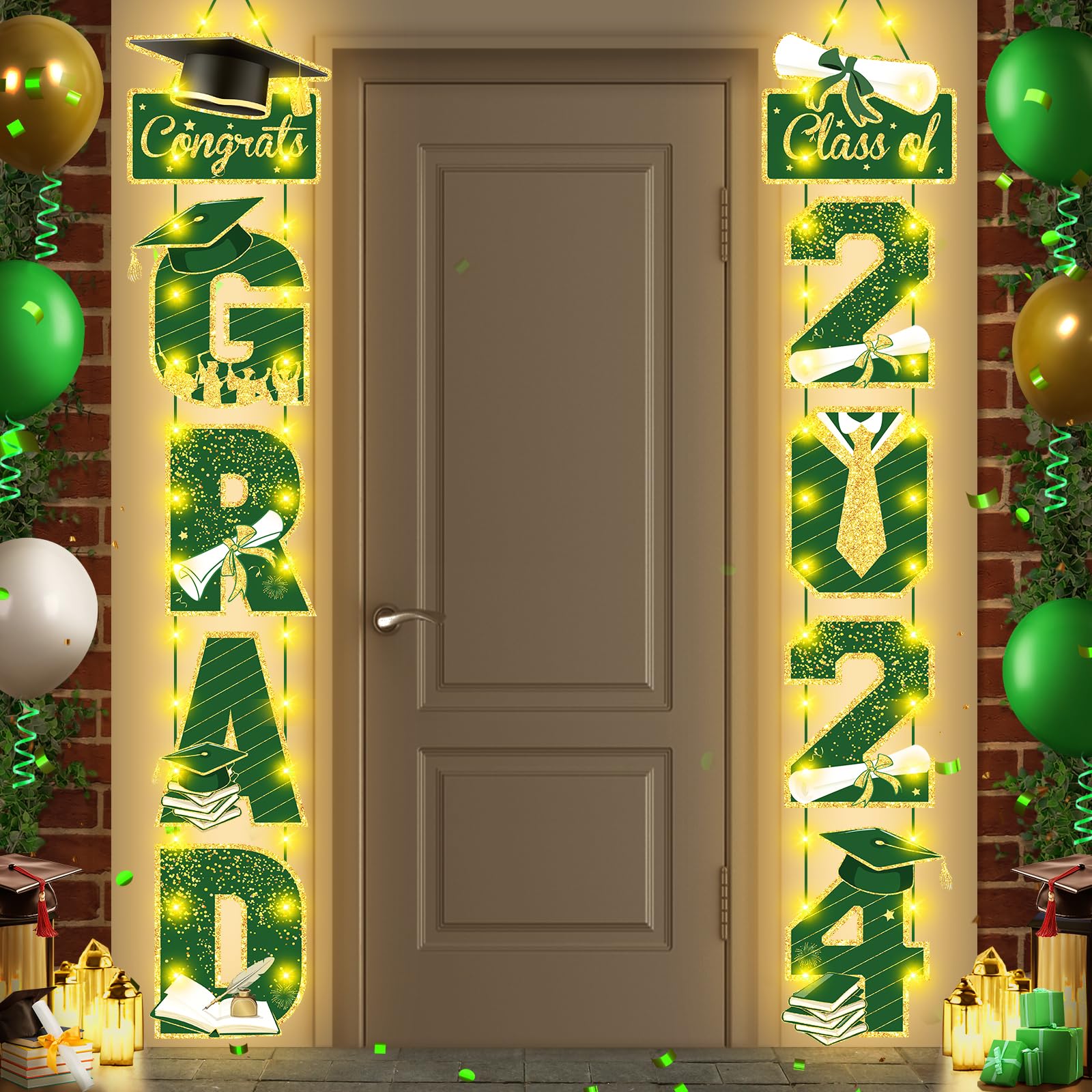 Graduation Party Decorations Green Gold Grad 2024 Porch Sign Door Banner with LED Light Class of 2024 Congrats Grad Banner Congratulation Party Hanging Sign for High School Graduation Party Decor