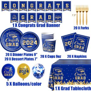 Graduation Decorations Class of 2024 Tableware Kit Blue and Gold Congrats Grad Plates and Napkins Disposable Graduation Party Supplies for Graduation Party Decorations (Blue)