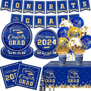 graduation decorations class of 2024 tableware kit blue and gold congrats grad plates and napkins disposable graduation party supplies for graduation party decorations (blue)