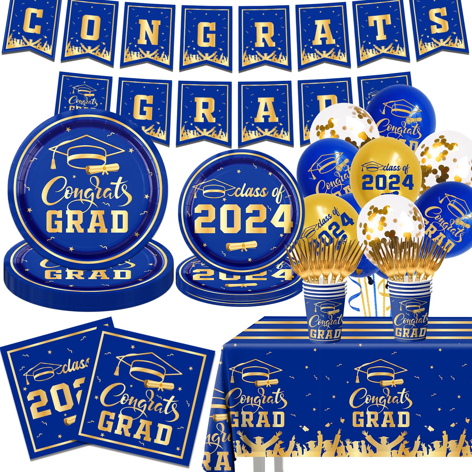 Graduation Decorations Class of 2024 Tableware Kit Blue and Gold Congrats Grad Plates and Napkins Disposable Graduation Party Supplies for Graduation Party Decorations (Blue)