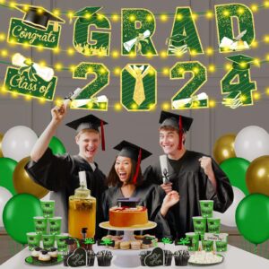 Graduation Party Decorations Green Gold Grad 2024 Porch Sign Door Banner with LED Light Class of 2024 Congrats Grad Banner Congratulation Party Hanging Sign for High School Graduation Party Decor