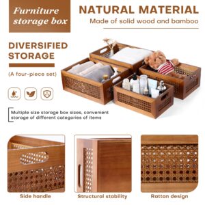 LaMorée Wooden Storage Basket Set of 4 Handmade Rattan Drawer Storage Box with Frame & Handles Decorative Natural Bamboo Woven Bins Rustic Farmhouse Decor Home Office Tabletop Shelf Organizer