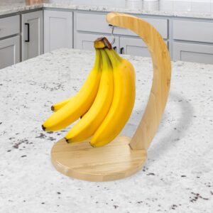 JS Gourmet Bamboo Banana Stand with Stainless Steel Hanging Hook, Ideal for Holding Bananas and Elevating Your Tabletop and Kitchen Décor