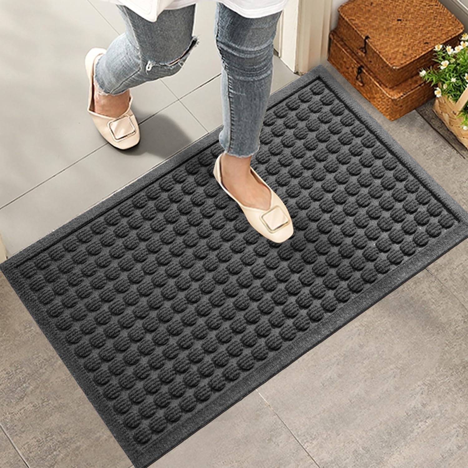 HIYARD Front Door Mat, Heavy Duty Welcome Door Mat Indoor Outdoor, Absorbent Doormat, Sturdy Non Slip Rubber, Stain and Fade Resistant, Low Profile Entry Mat for Outdoor Entrance, 29×17, Grey