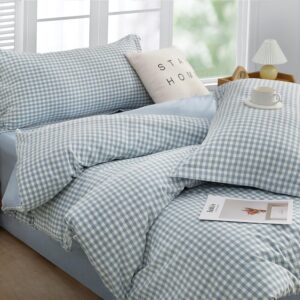 SAPHREAS Home Twin Light Blue Plaid Duvet Cover 100% Washed Cotton Soft Comforter Cover Simple Style 2pcs 1 Blue Grid Duvet Cover with Zipper Ties 1 Pillowsham