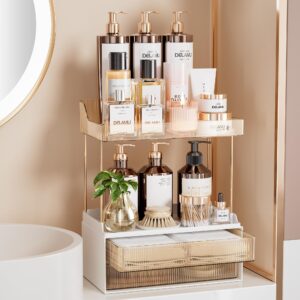 delamu 2-tier 2-drawer bathroom organizer countertop, multi-purpose makeup organizer countertop, large skincare organizers, exquisite vanity organizer, amber