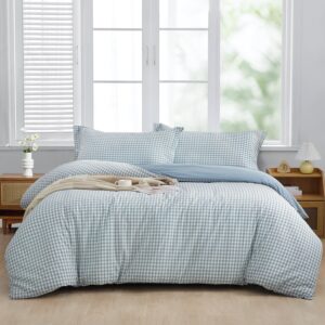 saphreas home twin light blue plaid duvet cover 100% washed cotton soft comforter cover simple style 2pcs 1 blue grid duvet cover with zipper ties 1 pillowsham