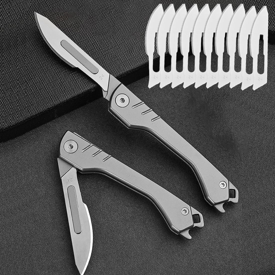 Folding Scalpel Knife with 10pcs #24 Replaceable Blades, Small Pocket Knife for Men with Bottle Opener, EDC Utility knife, Slim Razor Knife, Surgical Keychain Knives for Outdoor Skinning (Grey)