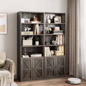 GAOMON Bookcase with Doors Farmhouse Bookshelf 11.8in Depth Wooden Display Storage Shelves 71.4in Tall Bookcases Industrial 6 Shelf Grey Bookshelves for Bedroom, Living Room, Home Office