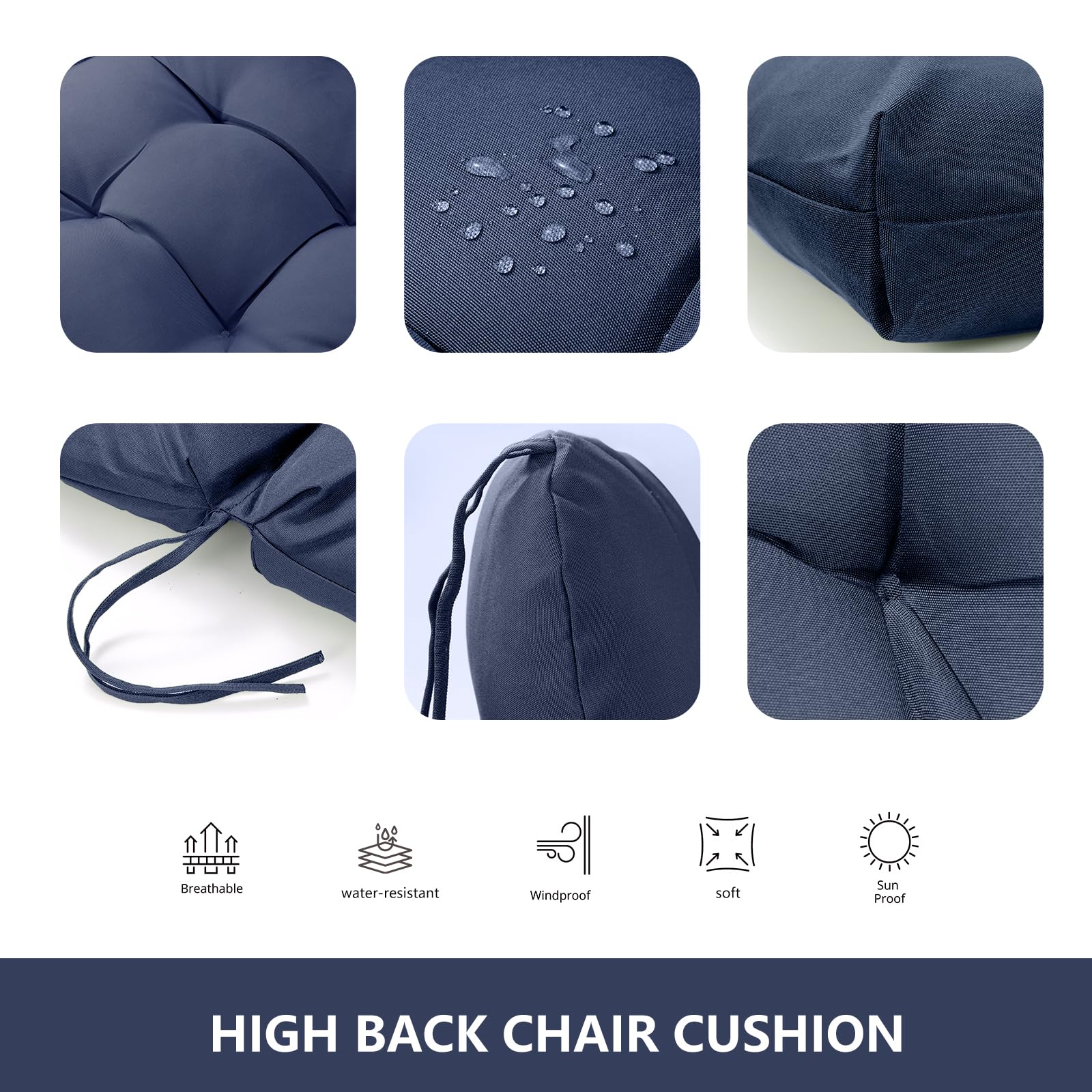 PATIOASIS Rocking Chair Cushion Tufted Adirondack Chair Cushion Non-Slip High Back Patio Chair Cushions Water-Resistant UV-Proof Navy Blue Indoor & Outdoor Furniture Cushions for Chair