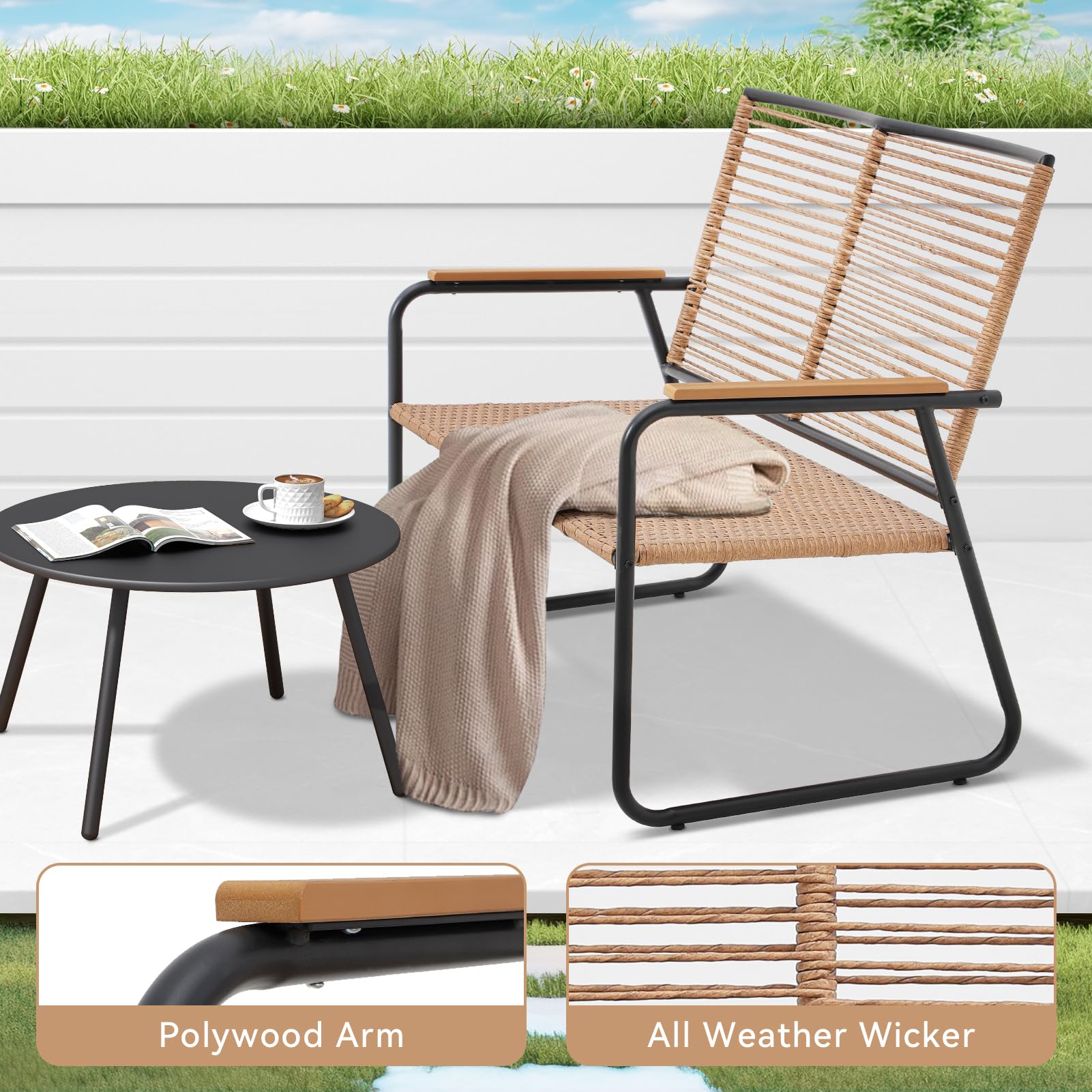 C-Hopetree Metal Outdoor Loveseat Bench for Outside Patio Porch, Natural All Weather Twisted Wicker Twinseat Chair