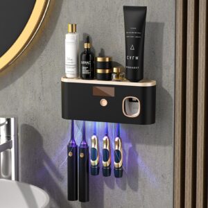 toothbrush holders wall mounted for bathrooms, toothbrush holder with automatic toothpaste dispenser, electric toothbrush holder with solar charging, toothbrush organizer with 5 brush slots (black)