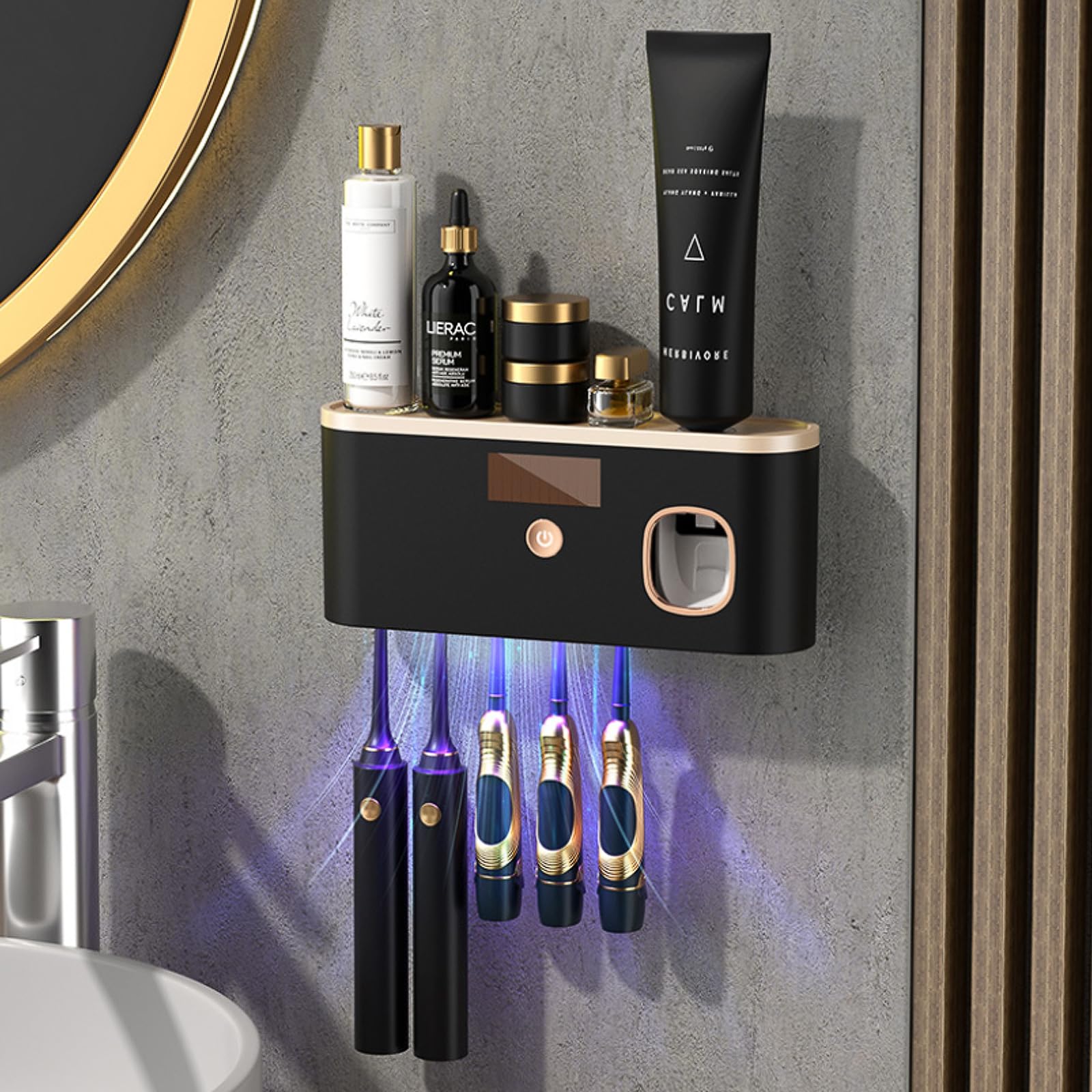 Toothbrush Holders Wall Mounted for Bathrooms, Toothbrush Holder with Automatic Toothpaste Dispenser, Electric Toothbrush Holder with Solar Charging, Toothbrush Organizer with 5 Brush Slots (Black)