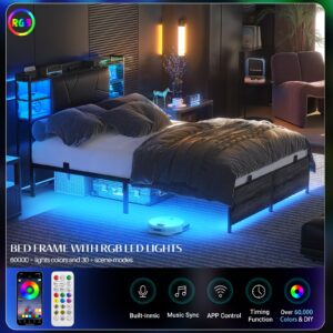 Unikito Full Size Bed Frame with Upholstered Headboard, Charging Station and RGB LED Lights, Stable Platform Bed, Heavy Duty Metal Slats, Noise Free, No Box Spring Needed, Easy to Assemble, Black Oak