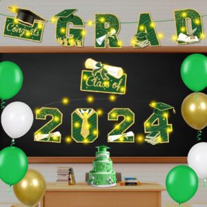 Graduation Party Decorations Green Gold Grad 2024 Porch Sign Door Banner with LED Light Class of 2024 Congrats Grad Banner Congratulation Party Hanging Sign for High School Graduation Party Decor