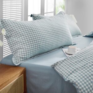 SAPHREAS Home Twin Light Blue Plaid Duvet Cover 100% Washed Cotton Soft Comforter Cover Simple Style 2pcs 1 Blue Grid Duvet Cover with Zipper Ties 1 Pillowsham