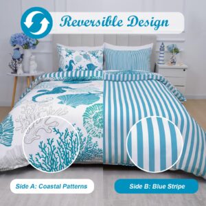 ASPMIZ 3 Piece Ocean Duvet Cover Queen Size Set, Double Side Reversible Soft Sea Coastal Queen Duvet Cover with Zipper Closure, Blue Comforter Cover Set, 1 Duvet Cover 90 x 90 inches & 2 Pillow Shams