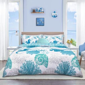 ASPMIZ 3 Piece Ocean Duvet Cover Queen Size Set, Double Side Reversible Soft Sea Coastal Queen Duvet Cover with Zipper Closure, Blue Comforter Cover Set, 1 Duvet Cover 90 x 90 inches & 2 Pillow Shams