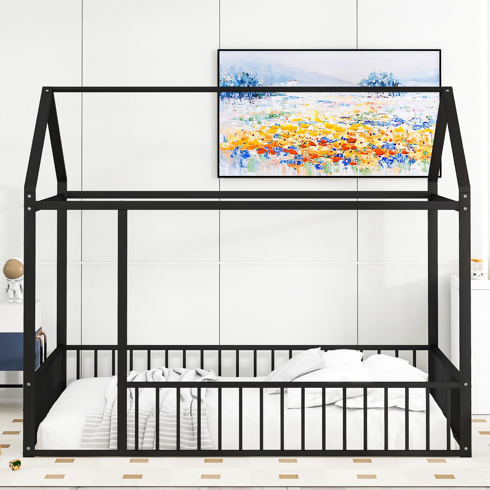 P PURLOVE Full Size Montessori Floor Bed,Full Metal House Bed Frame with Fence Rails for Kids,Montessori Playhouse Beds for Girls Boys Teens, Box Spring Required,Black