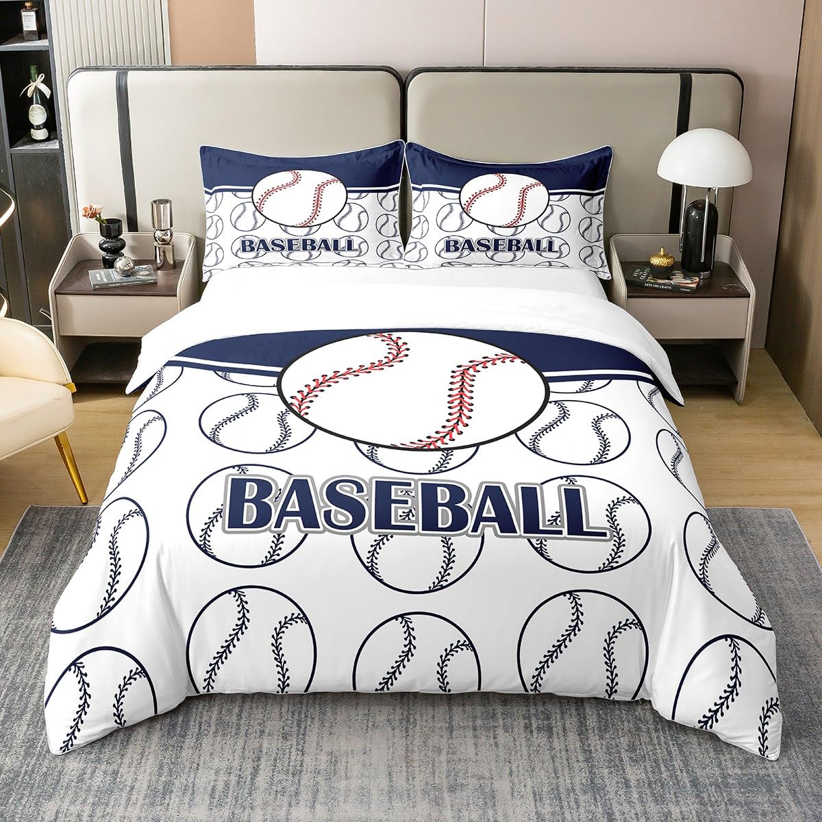 Baseball 100% Nature Cotton Duvet Cover,Hand Drawn Baseball Pattern Print Ball Game Bedding Set for Room Decor,Sport Theme Kids Adults Baseball All Season Bedding with Zipper Closure Full Size