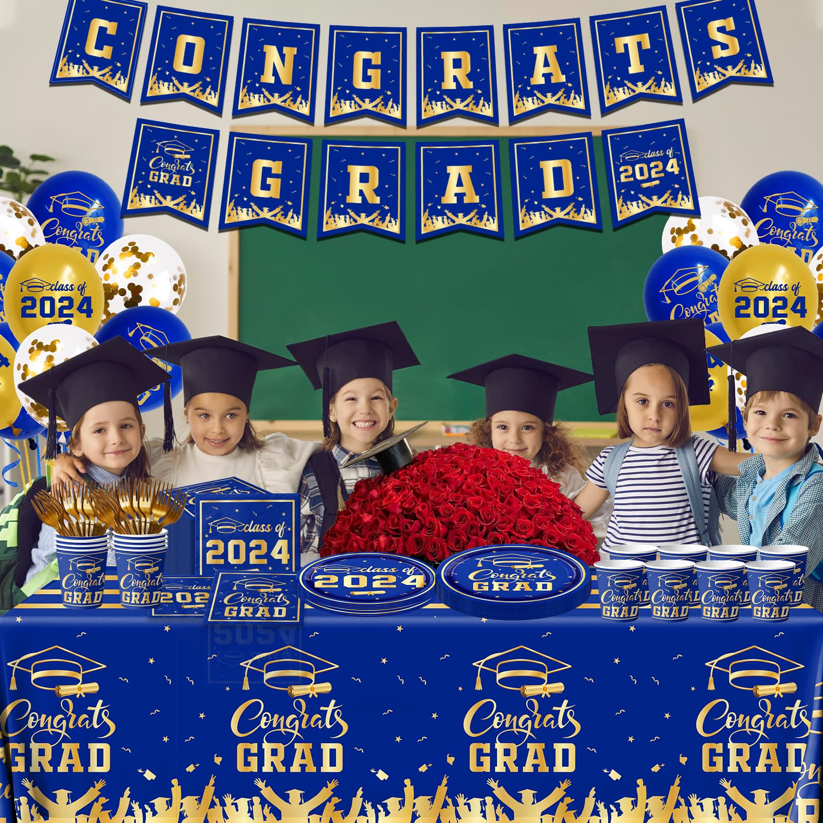 Graduation Decorations Class of 2024 Tableware Kit Blue and Gold Congrats Grad Plates and Napkins Disposable Graduation Party Supplies for Graduation Party Decorations (Blue)