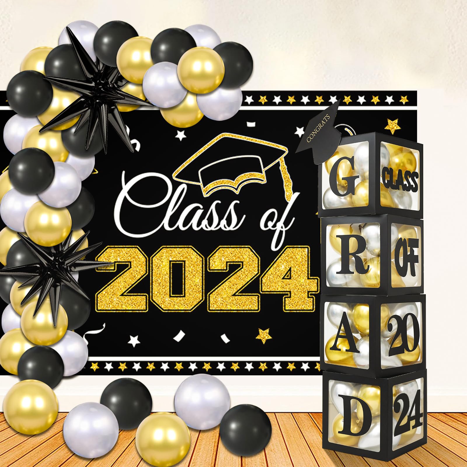 Graduation Balloon Background Set Includes Graduation Balloon Arch Kit,Class of 2024 Banner,Graduation Balloon Boxes for Grad party decoration,Graduation party supplies