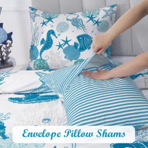 ASPMIZ 3 Piece Ocean Duvet Cover Queen Size Set, Double Side Reversible Soft Sea Coastal Queen Duvet Cover with Zipper Closure, Blue Comforter Cover Set, 1 Duvet Cover 90 x 90 inches & 2 Pillow Shams