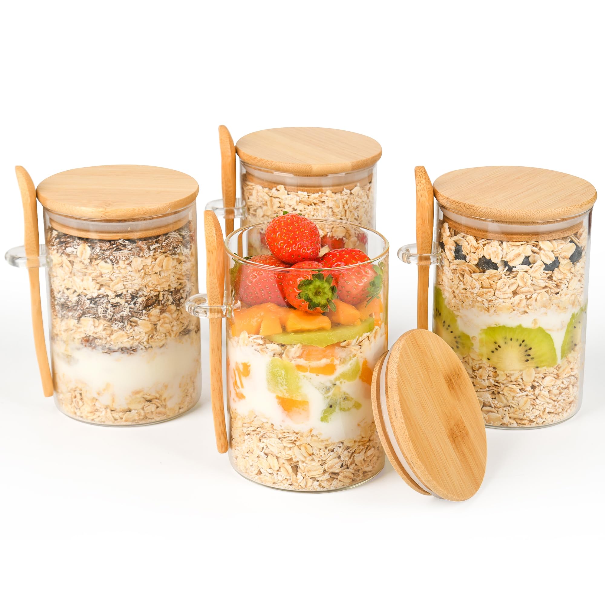 Overnight Oats Containers with Lids,4 Pack 18oz Overnight Oats Jars with Spoons,Salad Meal Prep Jar with Bamboo Lids for Chia Seed Pudding Salad Cereal Coffee Flour,Sourdough Starter Jar for Bread