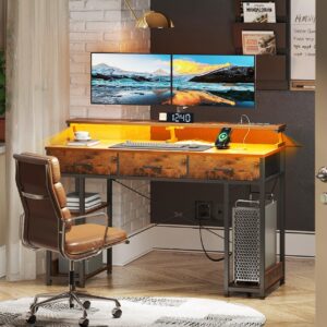 AODK 48 inch Computer Desk with 3 Drawers, Gaming Desk with LED Lights & Power Outlets, Home Office Desk with Storage Shelves & Monitor Stand, Modern Work Study Writing Table for Small Spaces, Vintage