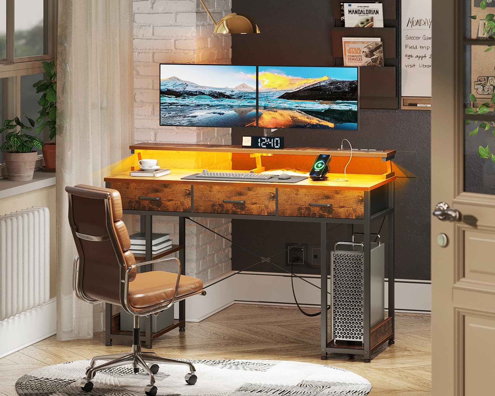 AODK 48 inch Computer Desk with 3 Drawers, Gaming Desk with LED Lights & Power Outlets, Home Office Desk with Storage Shelves & Monitor Stand, Modern Work Study Writing Table for Small Spaces, Vintage