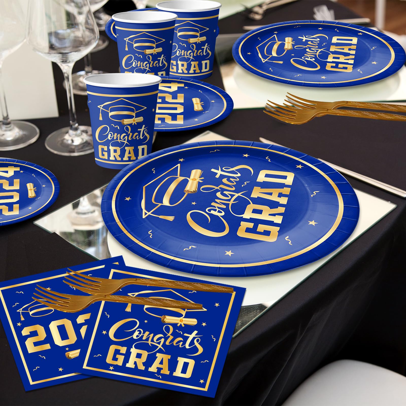 Graduation Decorations Class of 2024 Tableware Kit Blue and Gold Congrats Grad Plates and Napkins Disposable Graduation Party Supplies for Graduation Party Decorations (Blue)