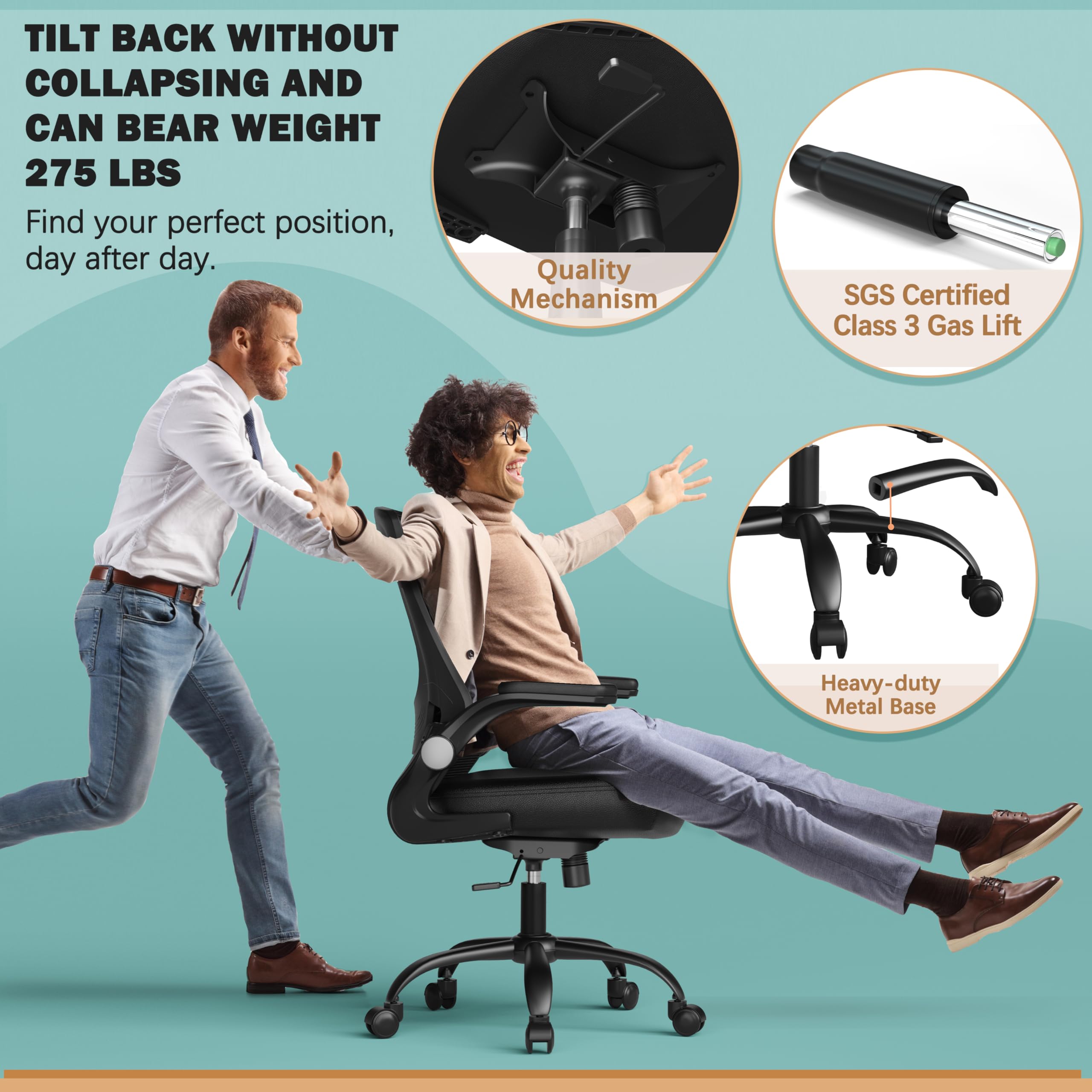 ELABEST T29 Ergonomic Office Chair, Comfy Computer Desk Chair, Mesh Back Home Office Chair with PU Leather Padded, Adjustable Lumbar Support, Flip-up Arms,Swivel Wheels,Work Task Chair for Long Hours