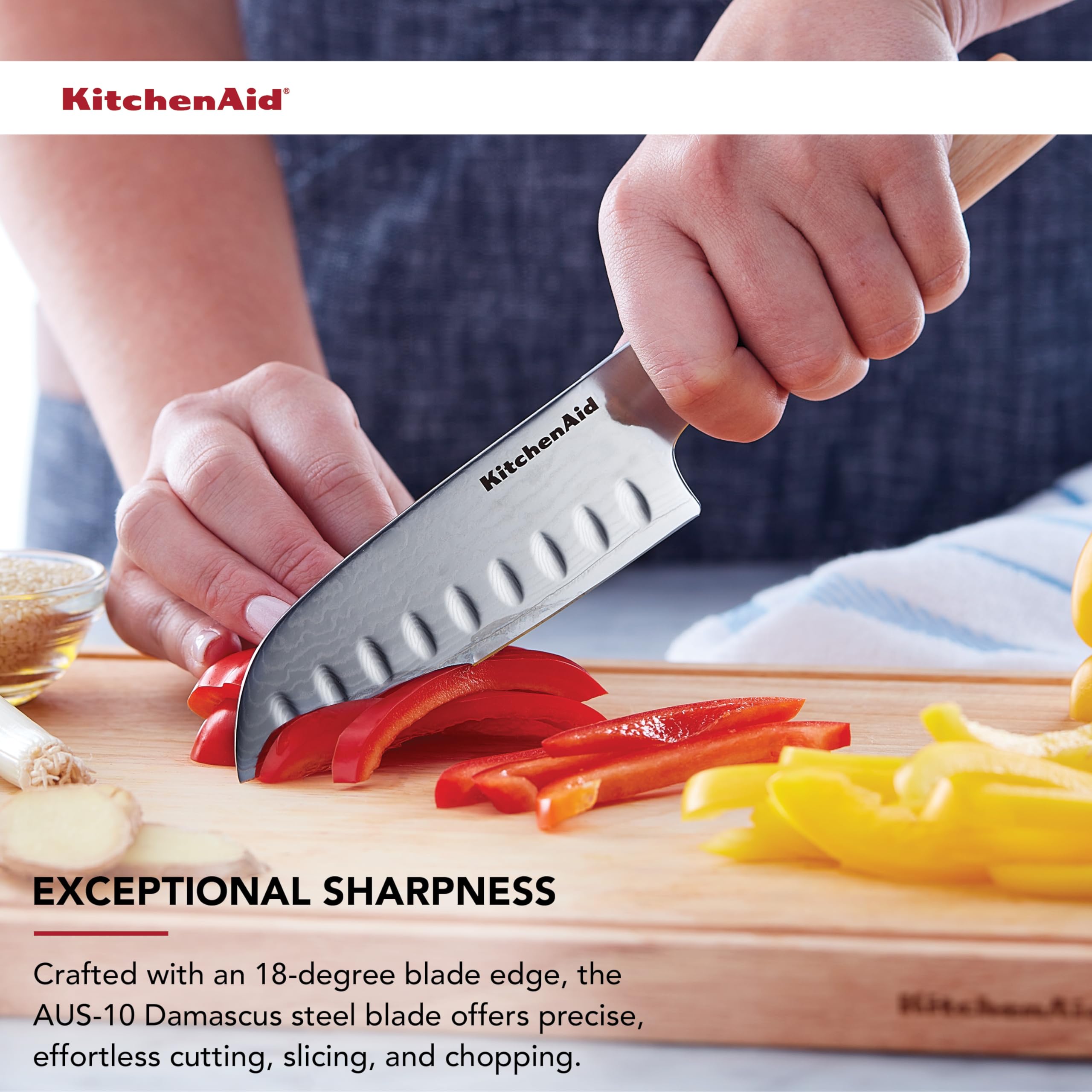 KitchenAid Premium 5-Inch Forged Santoku Knife - AUS-10 Damascus Steel Blade, Triple Rivet Pakkawood Handle, Sharp Kitchen Knife, Natural