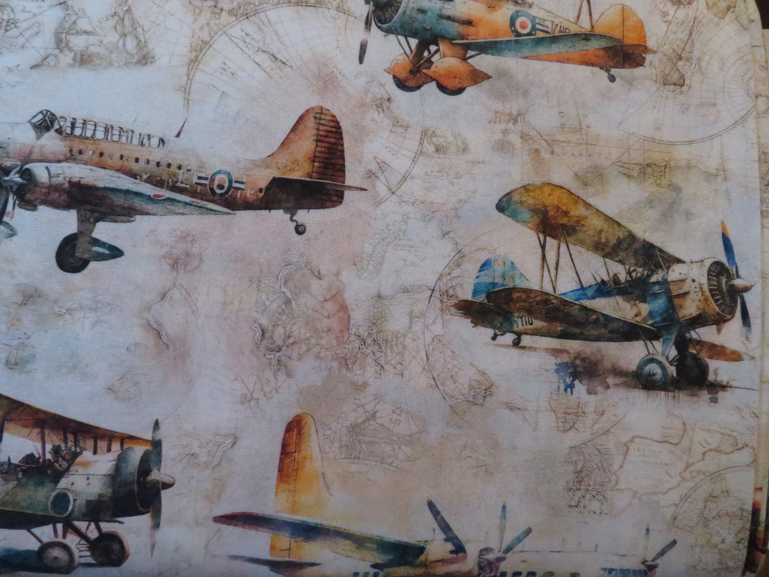 Vintage World War II Airplanes Flying High Cotton Fabric Sold by The Yard QT