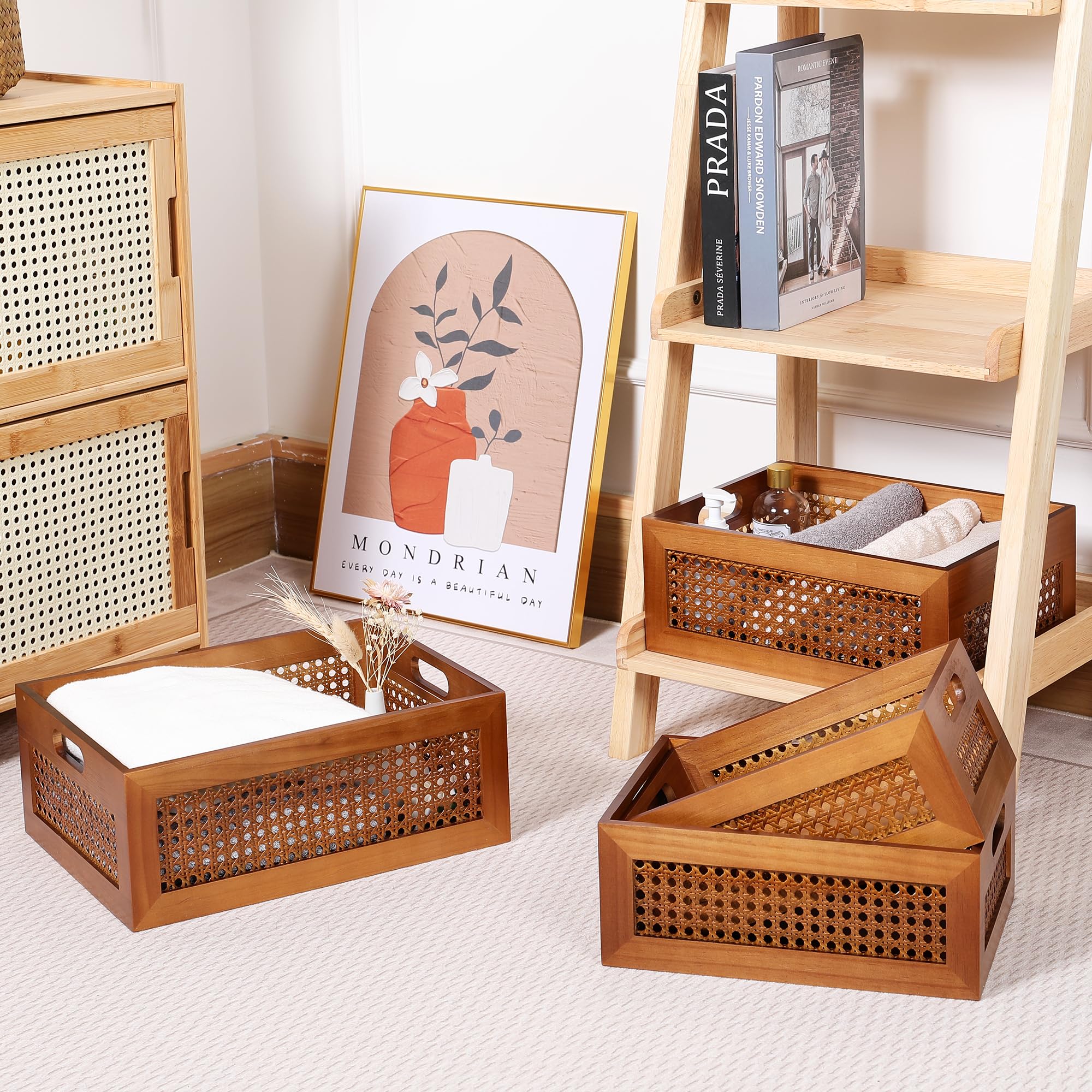 LaMorée Wooden Storage Basket Set of 4 Handmade Rattan Drawer Storage Box with Frame & Handles Decorative Natural Bamboo Woven Bins Rustic Farmhouse Decor Home Office Tabletop Shelf Organizer