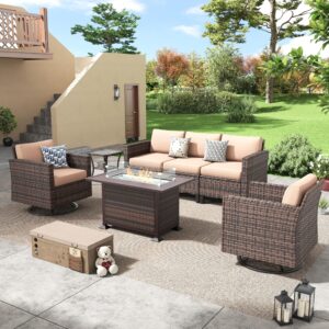 amopatio patio furniture set with fire pit table, outdoor furniture sectional sofa with swivel chairs, modern conversation sets for balcony backyard, beige（include waterproof covers ）